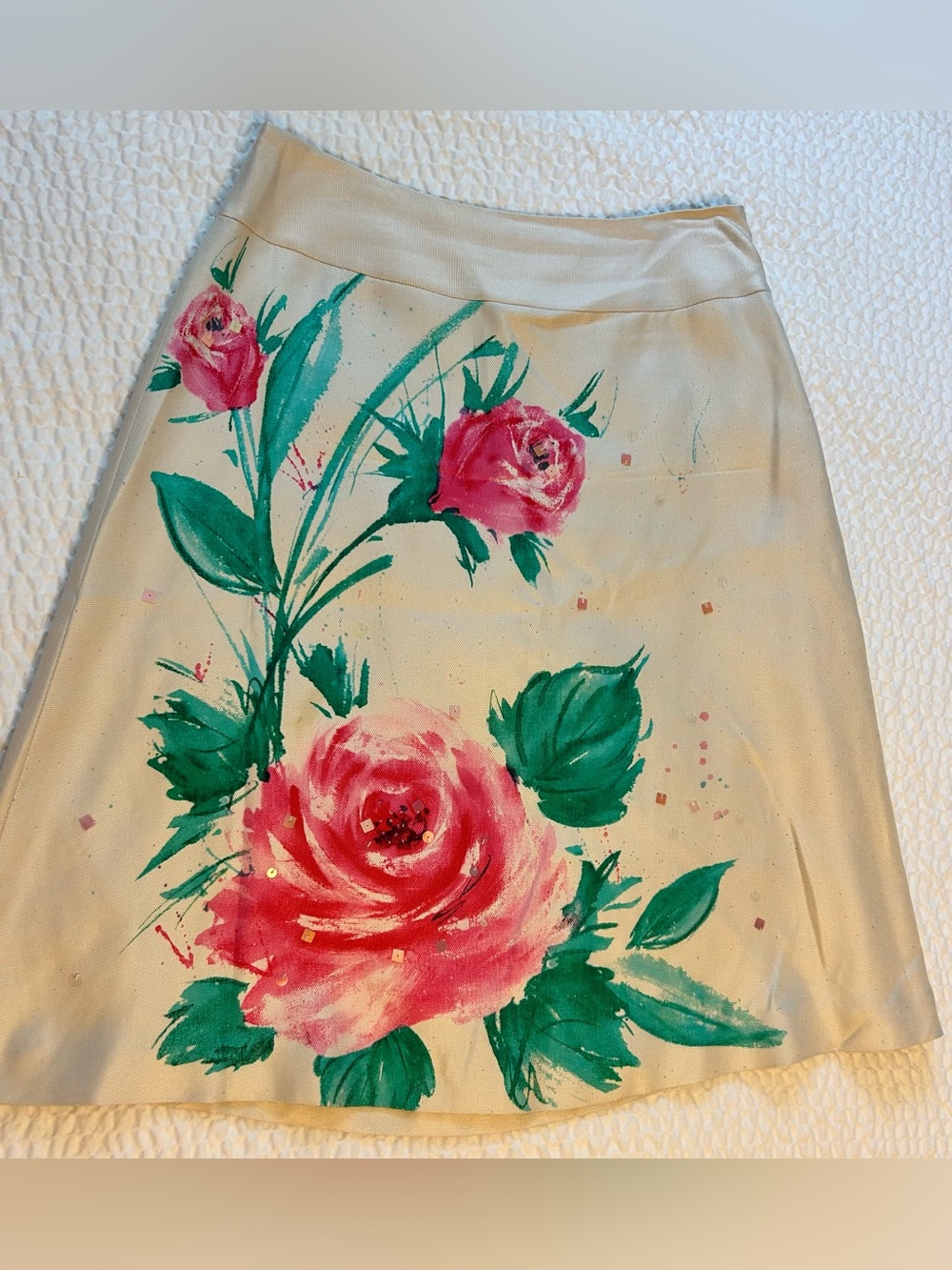Casual Corner Cream A-Line Skirt with Pink & Green Floral Design